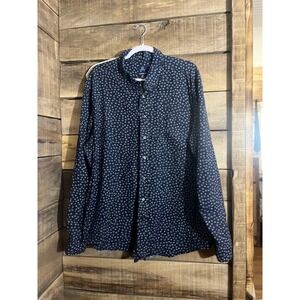 George Mens Navy Blue Geometric Floral Button Down Shirt Classic Fit 2XL 50-52
